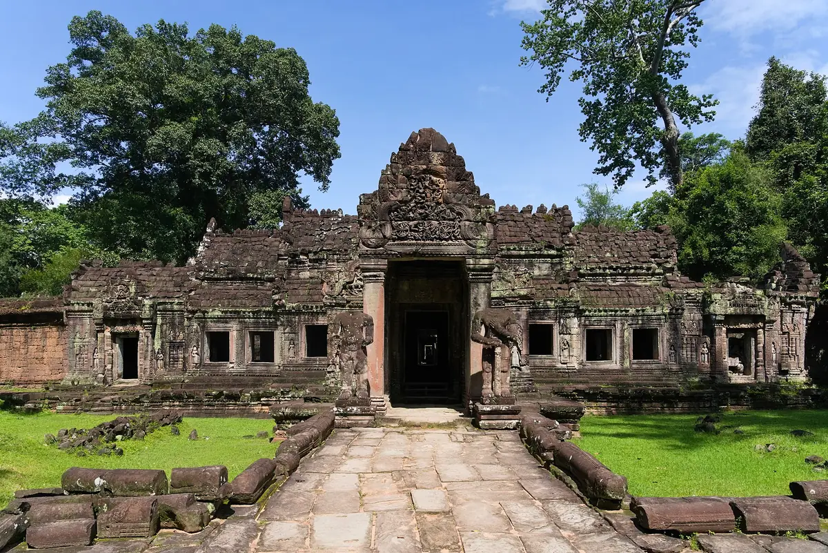 The entrance gopura and causeway of Preah Khan with a long gallery either side, seen on Angkor Wat tours from Siem Reap